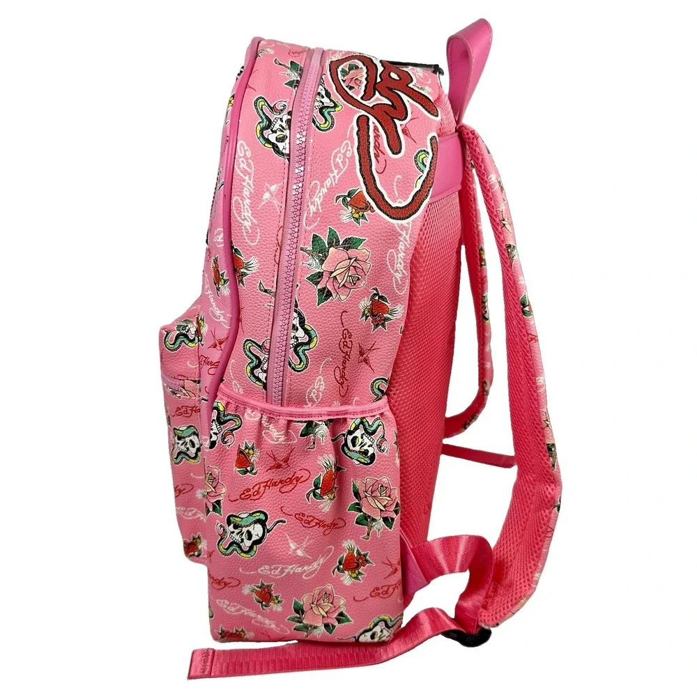 Ed Hardy Pink Multi Backpack NWT Rhinestone Hearts Skull Rose Tattoo Print Bag